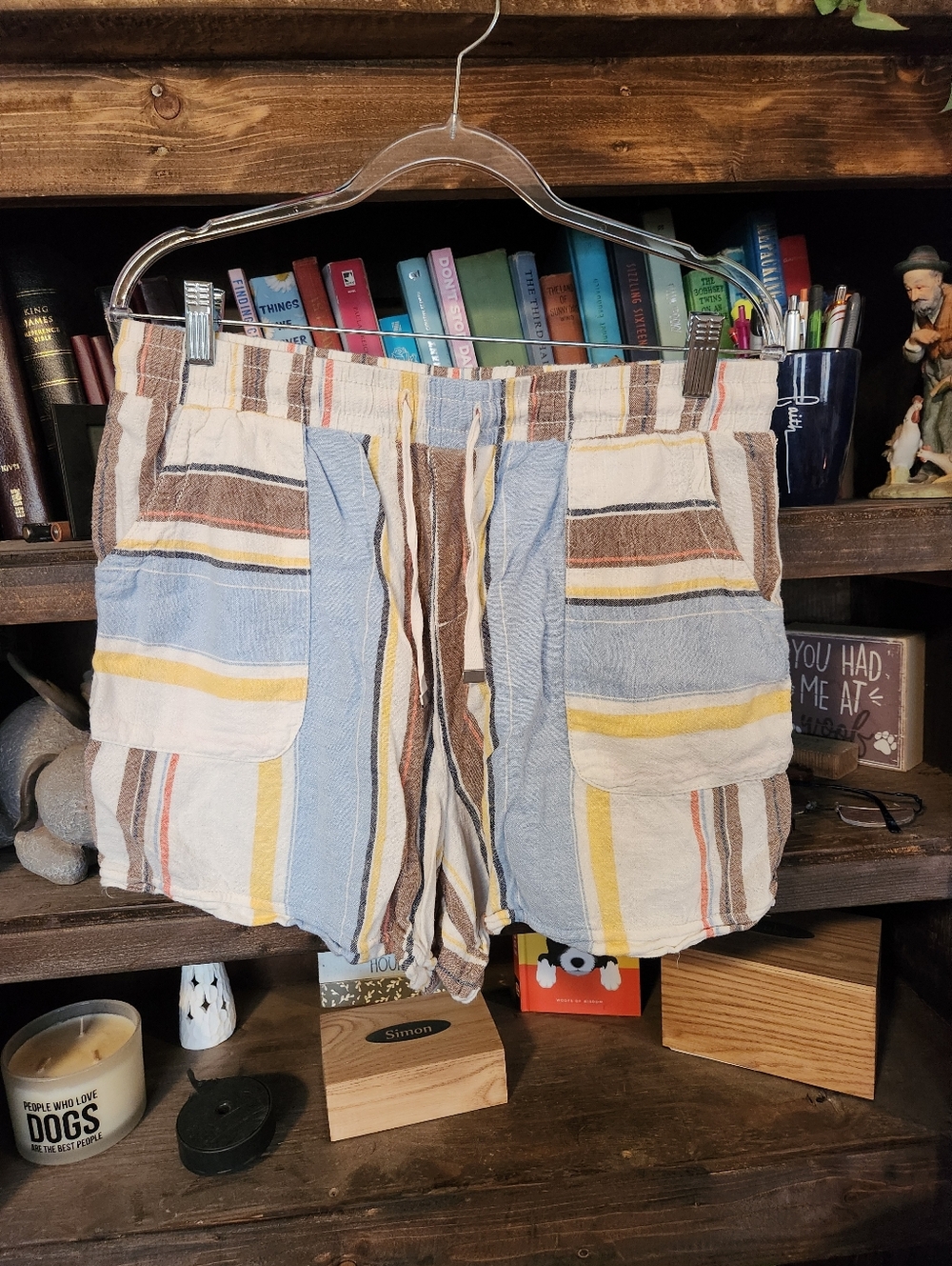 Time and Tru Striped Cotton Drawstring Shorts in Blue, Yellow, Brown